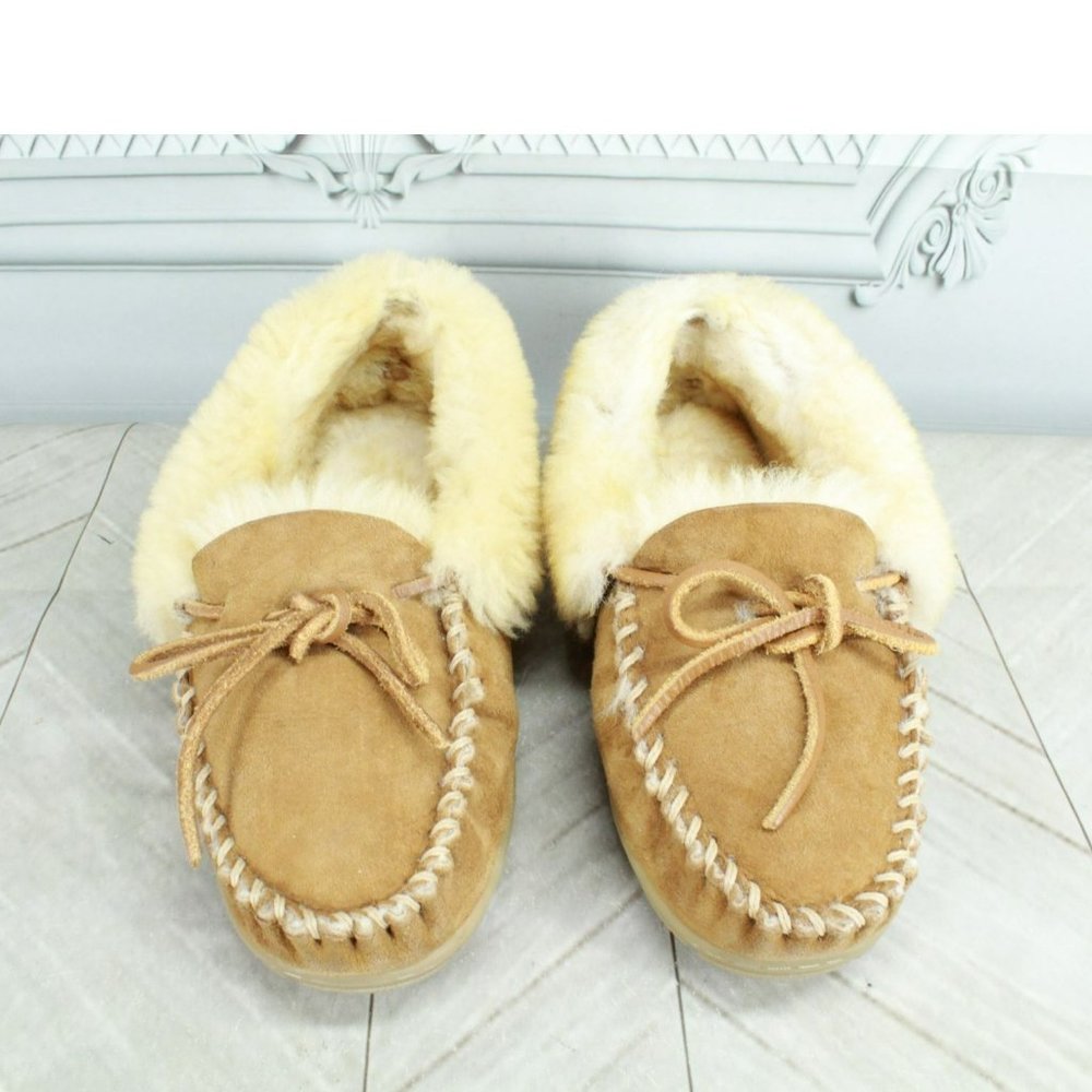 LL Bean Brown Suede Wicked Good Shearling Lined Moccasin Slippers Size 8 M - Picture 5 of 7